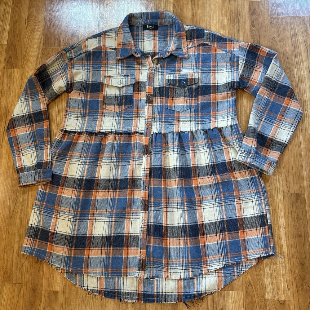 Meritt Blue Orange Plaid Babydoll Button Down Drop Waist Peplum Top Women Large